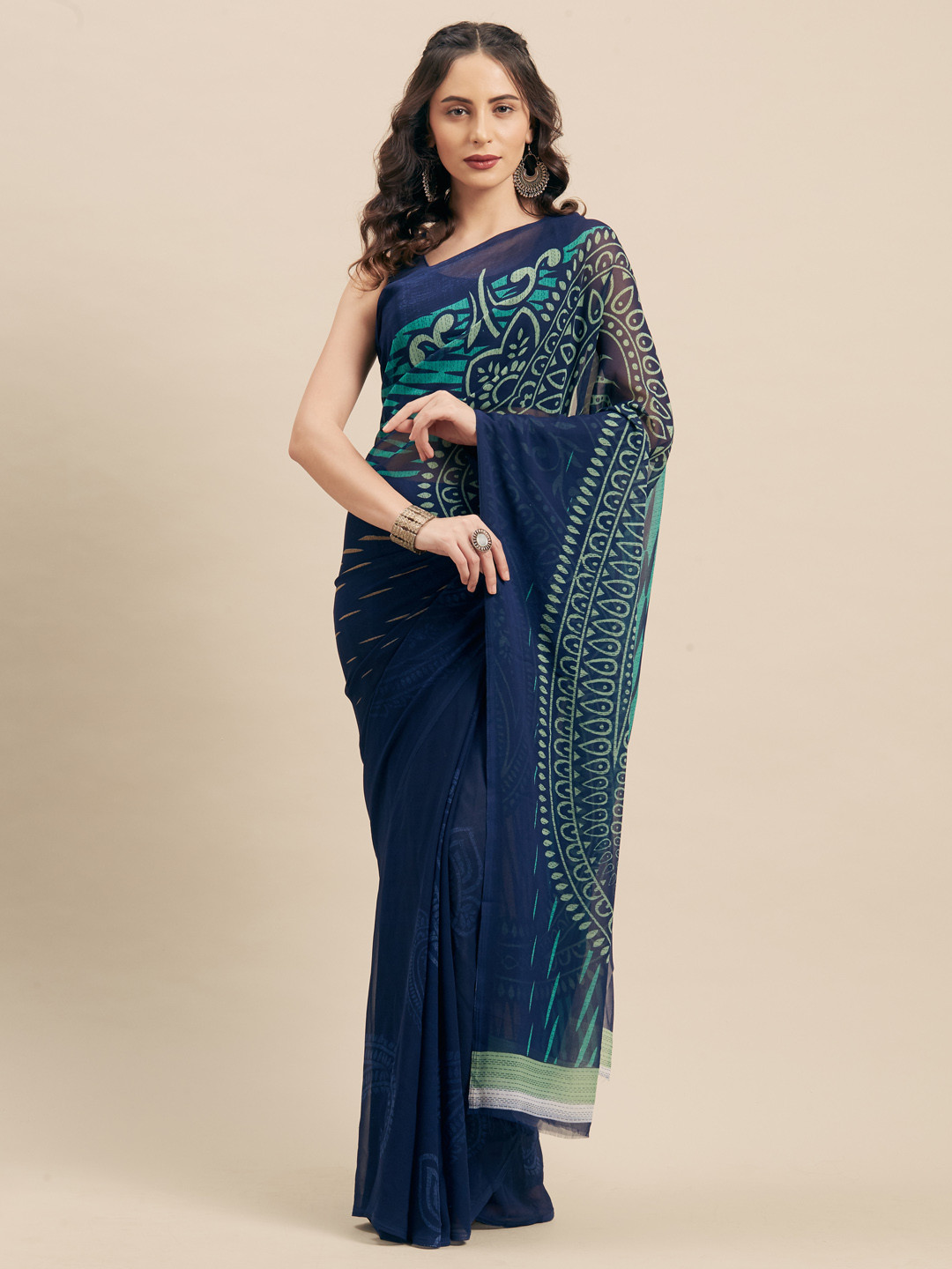 

KALINI Navy Blue & Green Poly Georgette Printed Saree