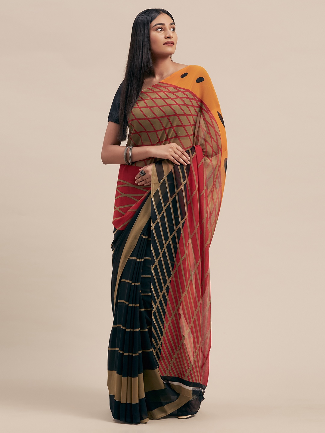 

KALINI Orange & Black Poly Georgette Printed Saree