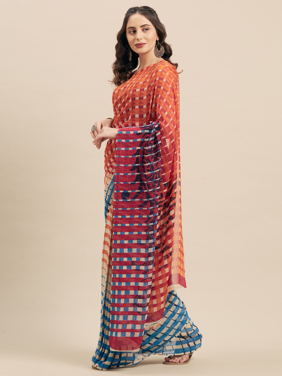 

KALINI Orange & Blue Poly Georgette Printed Saree