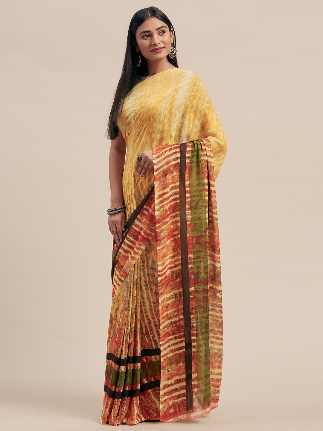 

KALINI Yellow & Orange Poly Georgette Printed Saree