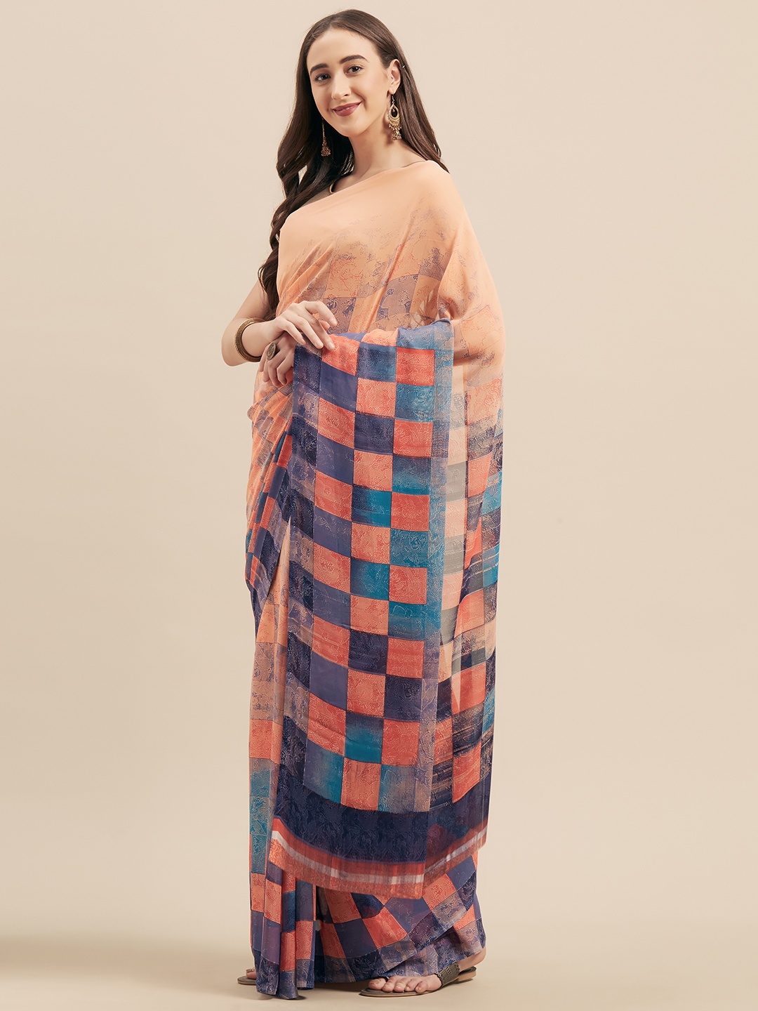 

KALINI Peach-Coloured & Blue Poly Georgette Printed Saree