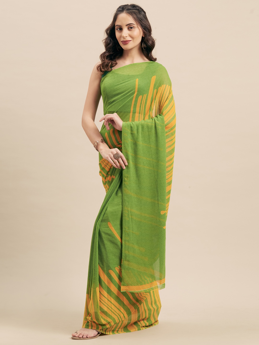 

Mitera Green & Yellow Poly Georgette Striped Saree