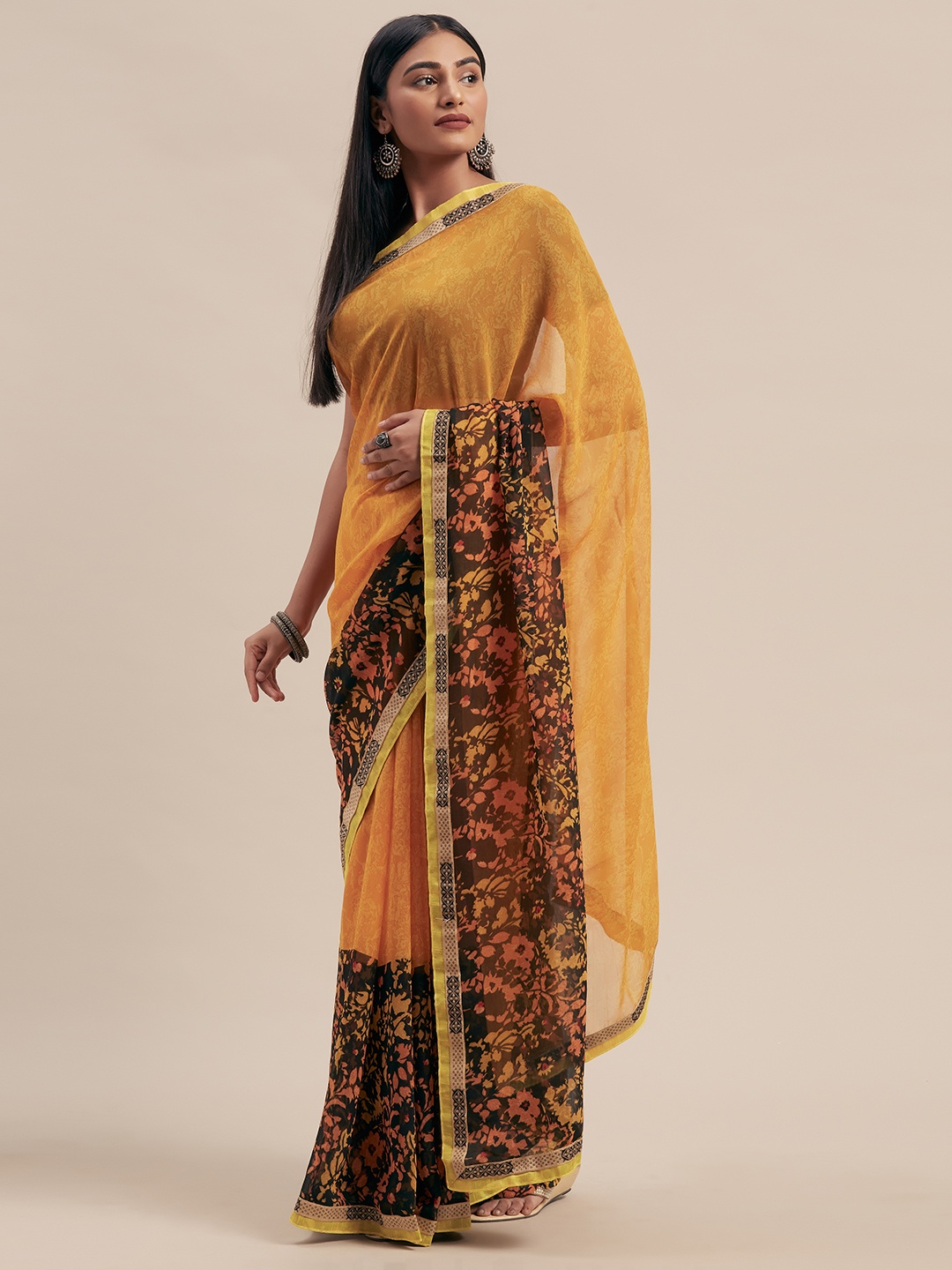 

Mitera Mustard Yellow & Black Poly Georgette Printed Saree