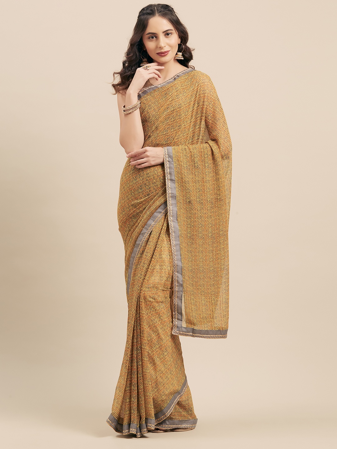 

Mitera Mustard Yellow & Grey Poly Georgette Printed Saree