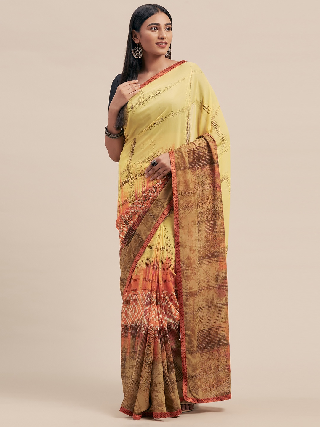 

KALINI Yellow Printed Poly Georgette Saree