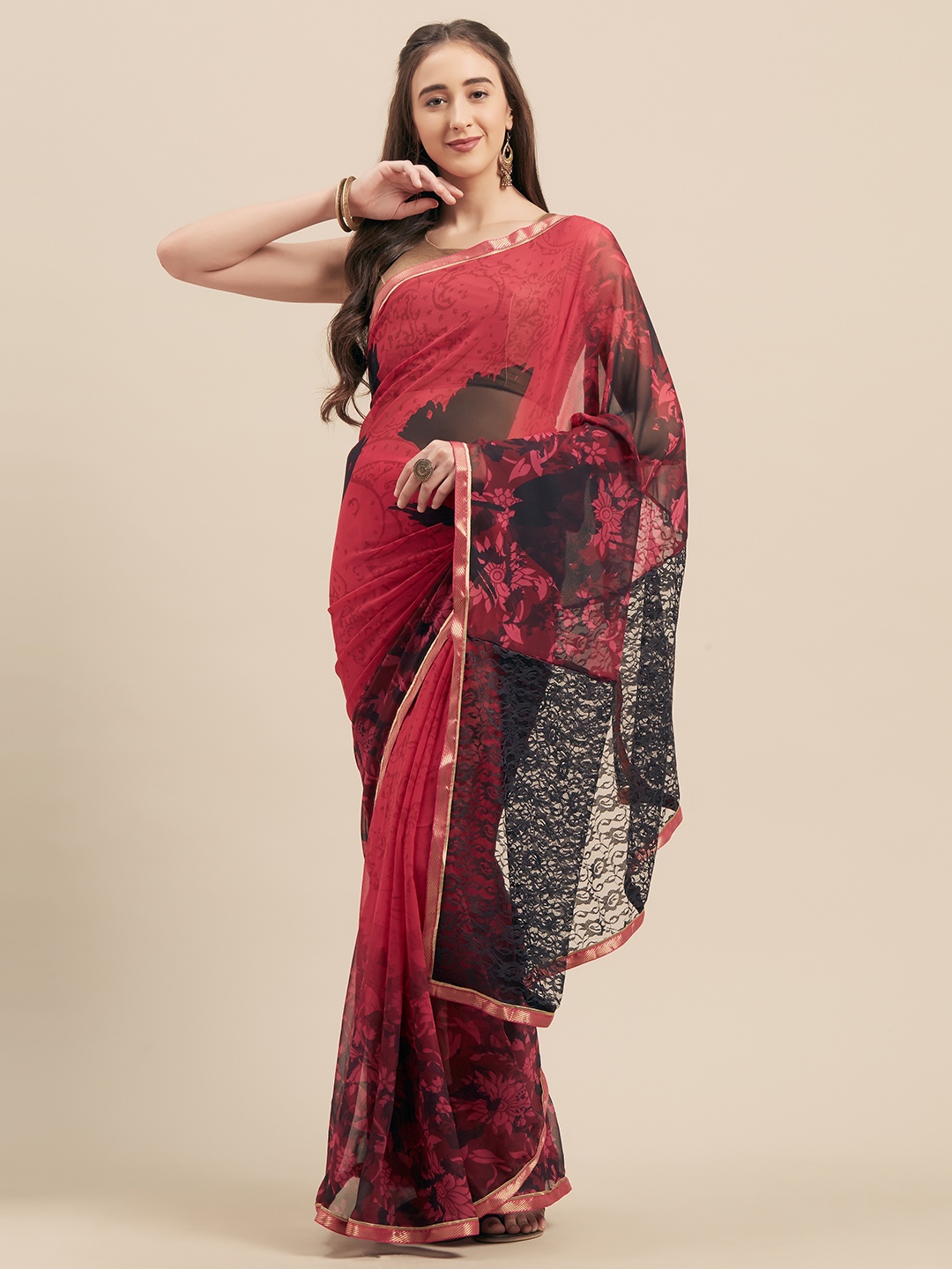 

Mitera Pink & Black Poly Georgette Printed Saree