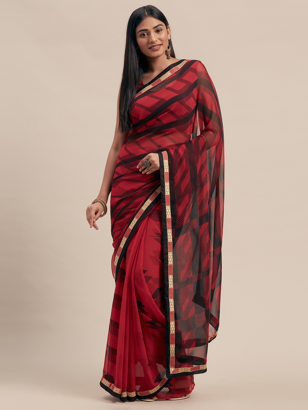 

Mitera Red & Black Poly Georgette Printed Saree