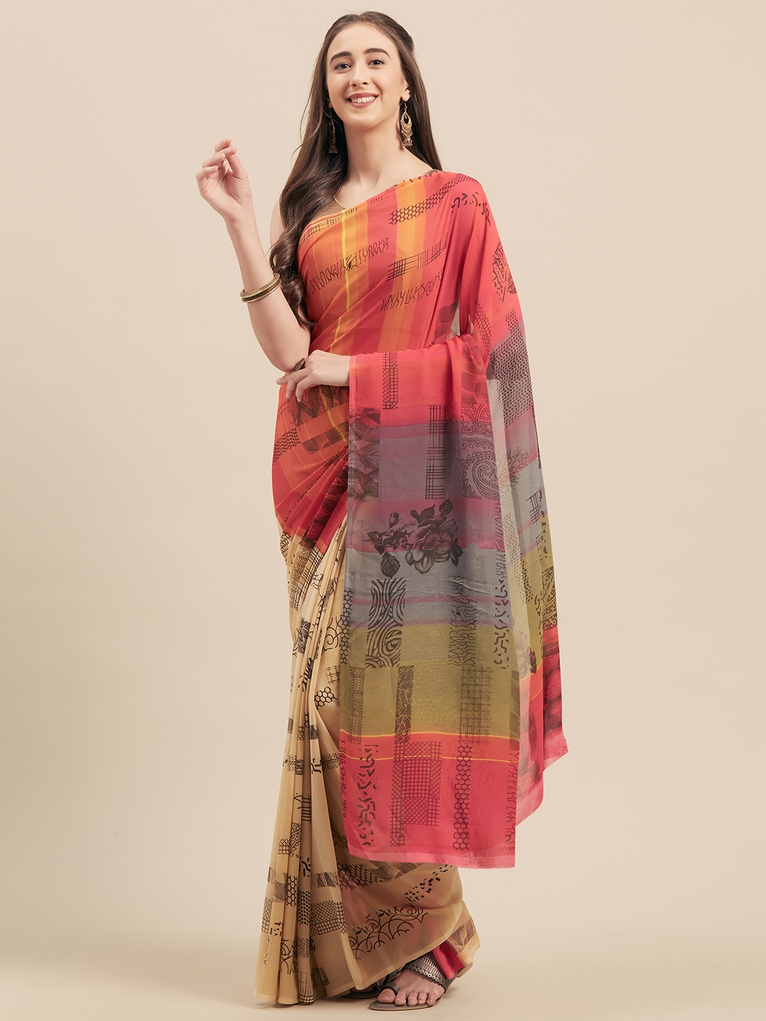 

KALINI Beige & Pink Poly Georgette Printed Saree