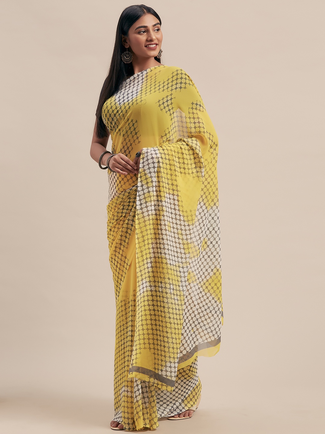 

KALINI Yellow & Grey Poly Georgette Printed Saree