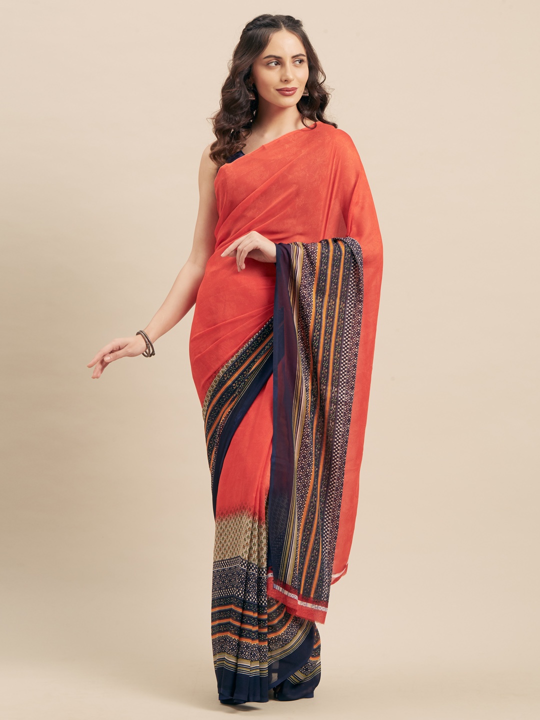 

KALINI Red & Blue Poly Georgette Solid Saree