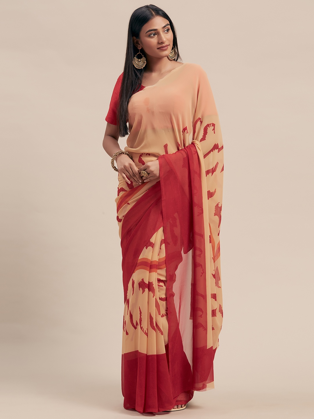 

Mitera Beige & Red Poly Georgette Printed Saree