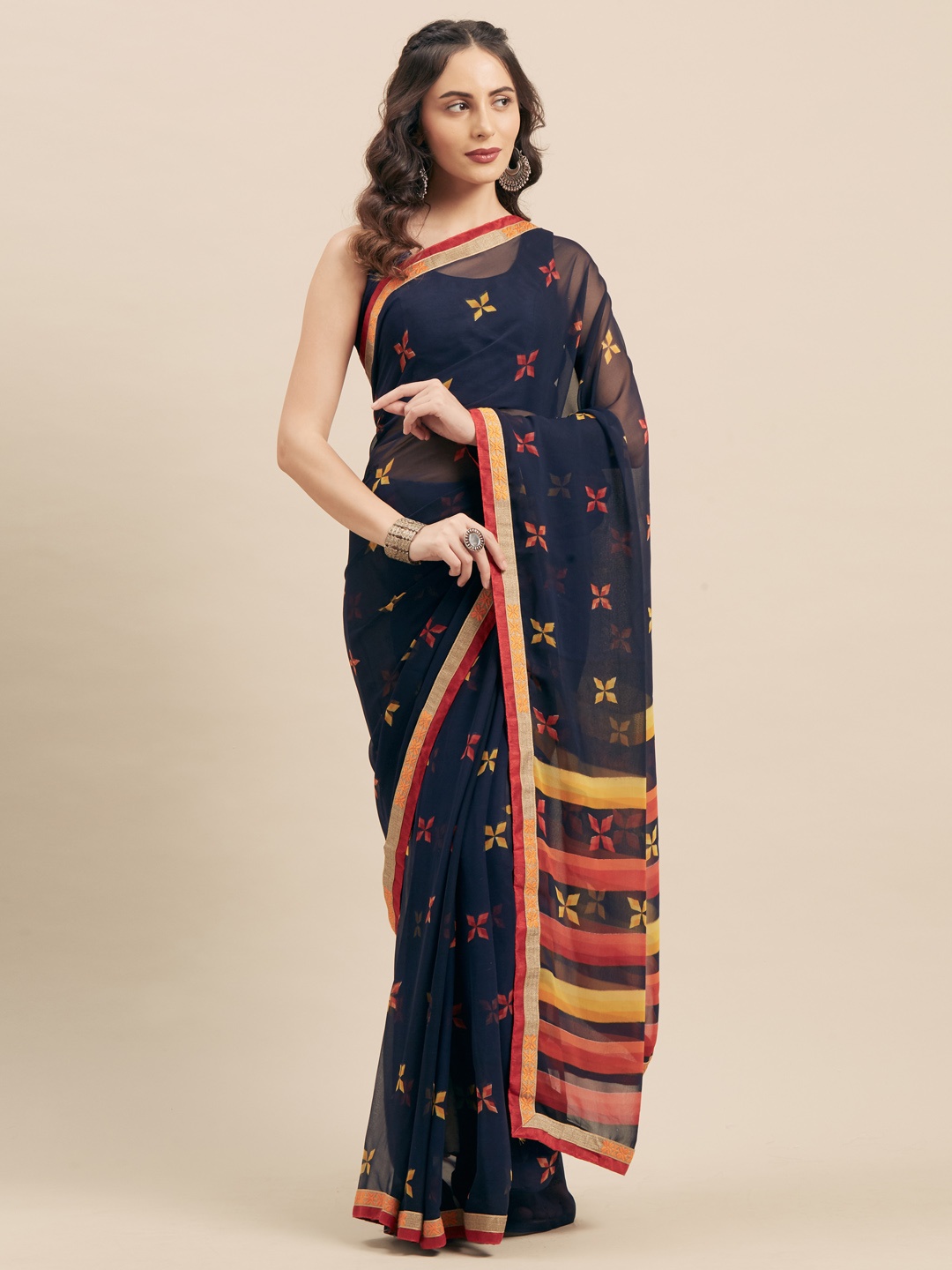 

Mitera Navy Blue & Red Poly Georgette Printed Saree