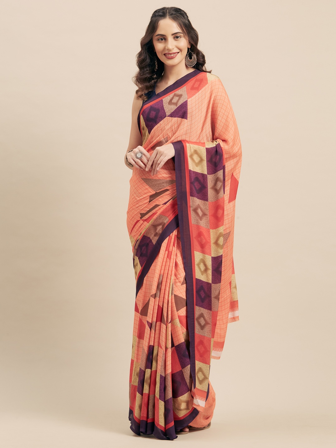 

KALINI Peach-Coloured & Purple Poly Georgette Printed Saree