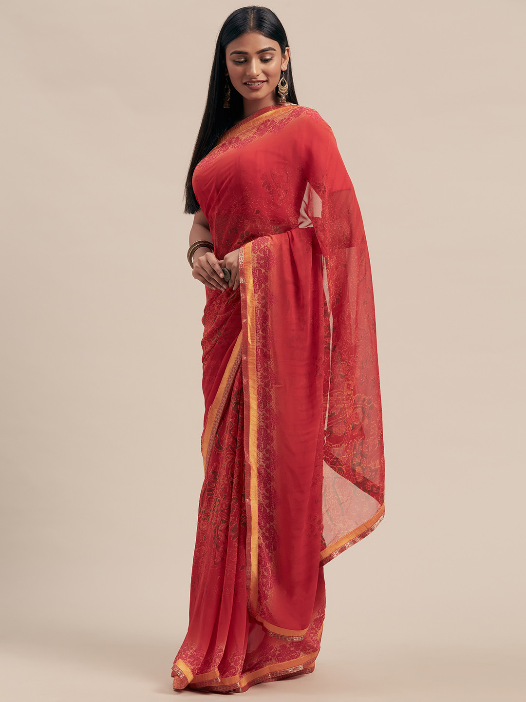 

Mitera Red Printed Poly Georgette Saree