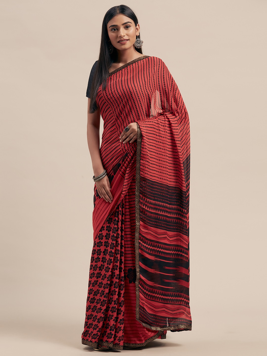 

KALINI Red & Black Poly Georgette Printed Saree