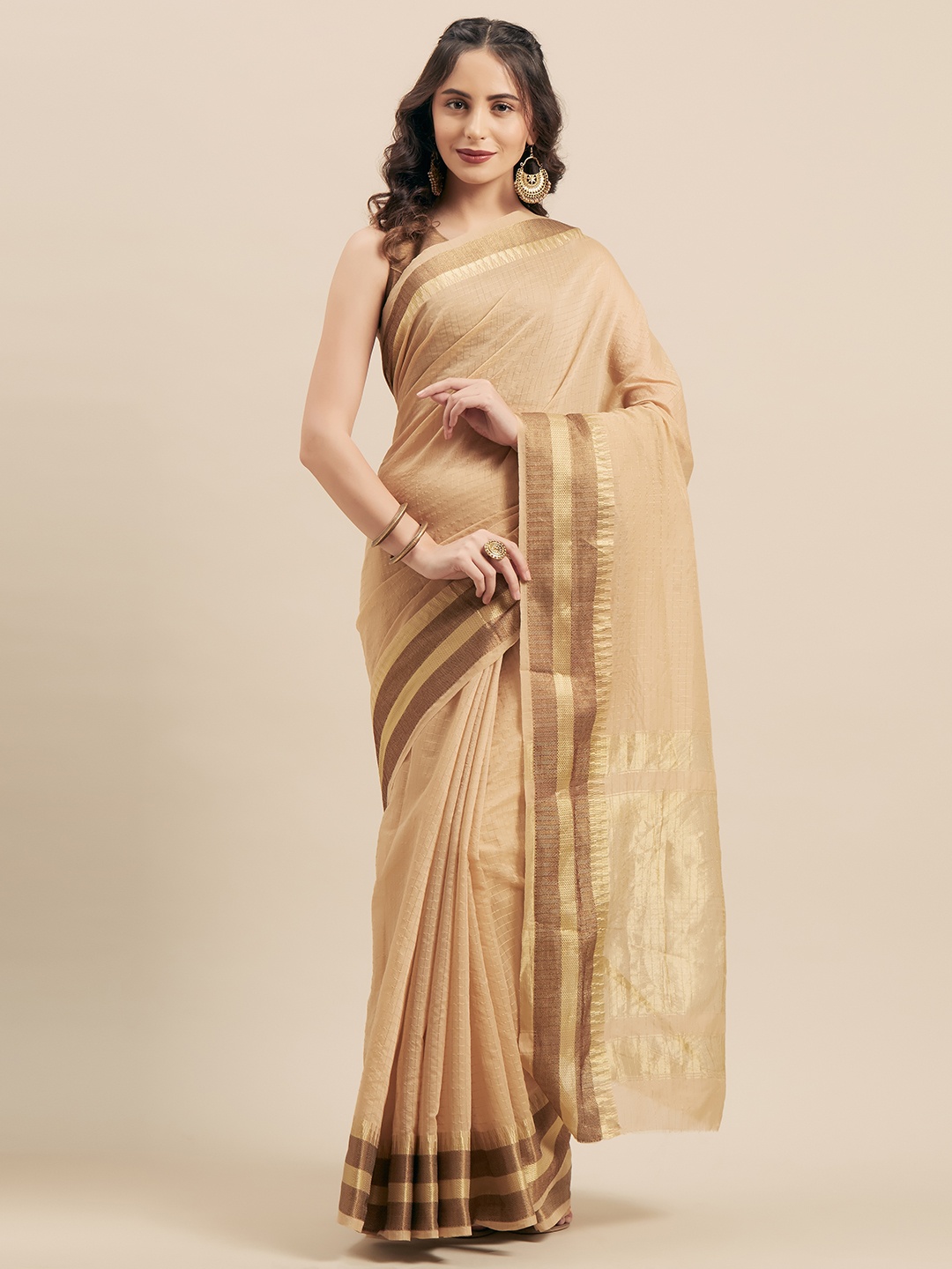 

Mitera Beige Checked Silk Cotton Saree