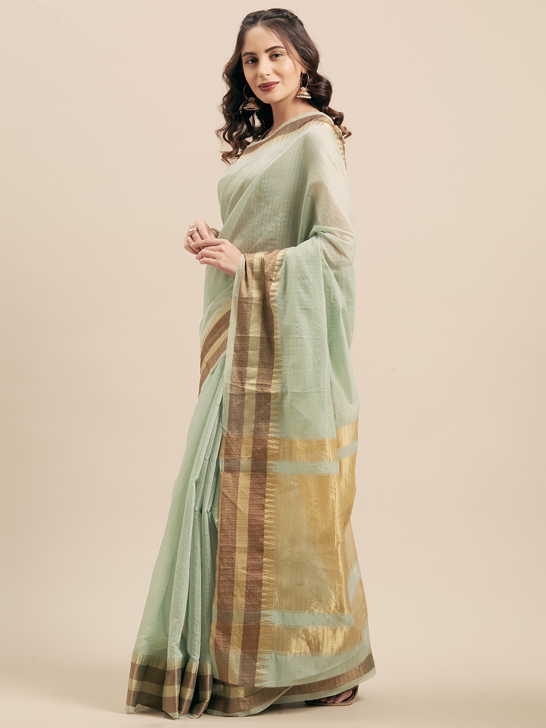 

KALINI Sea Green Striped Silk Cotton Saree