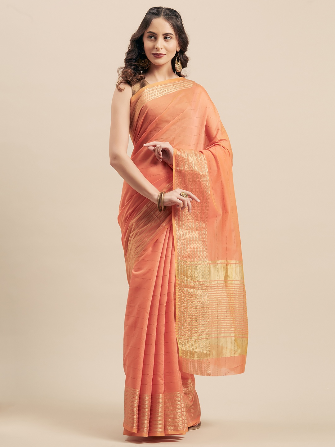 

Mitera Peach-Coloured Striped Silk Cotton Saree