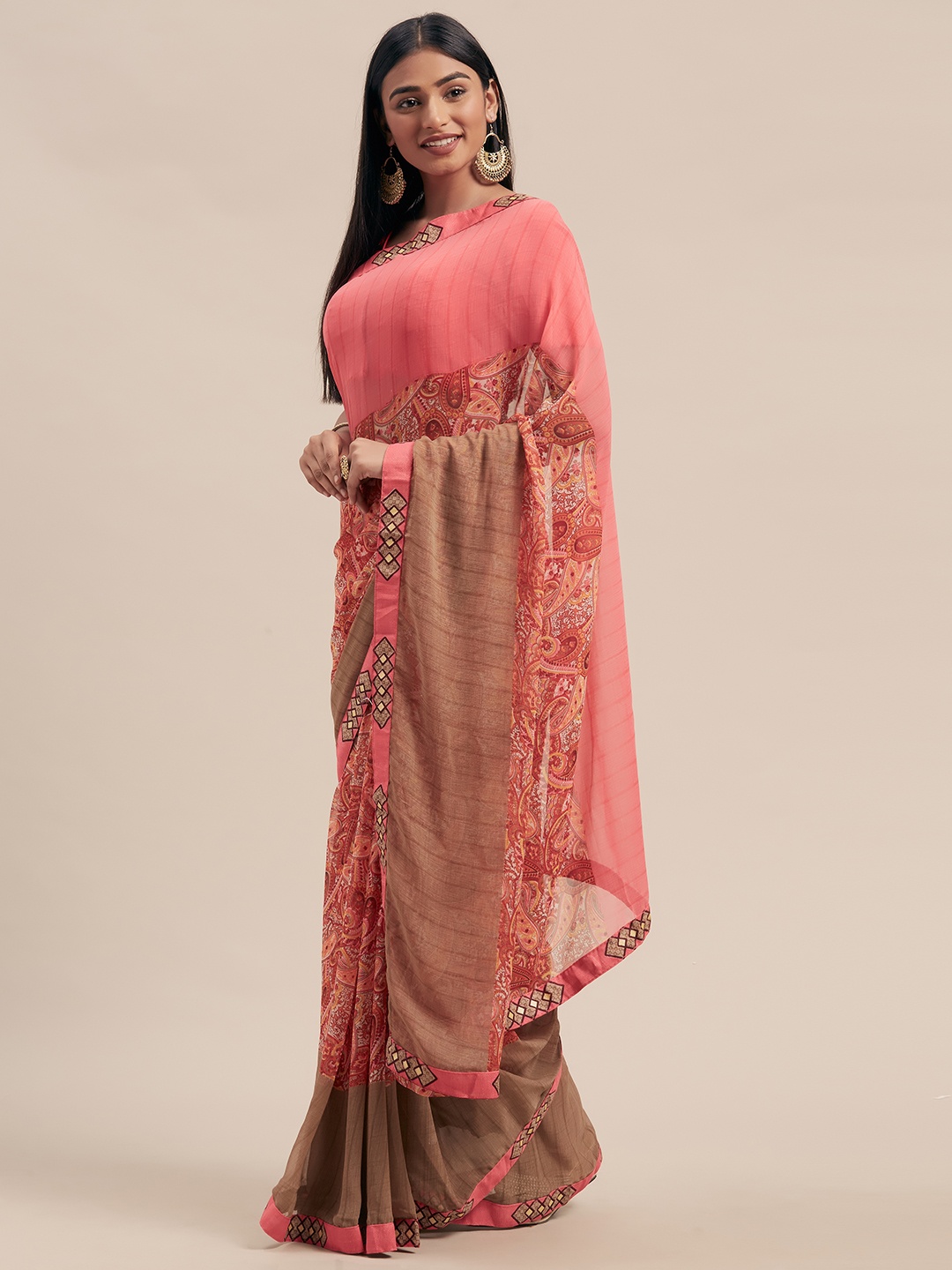 

KALINI Pink & Brown Poly Georgette Printed Saree