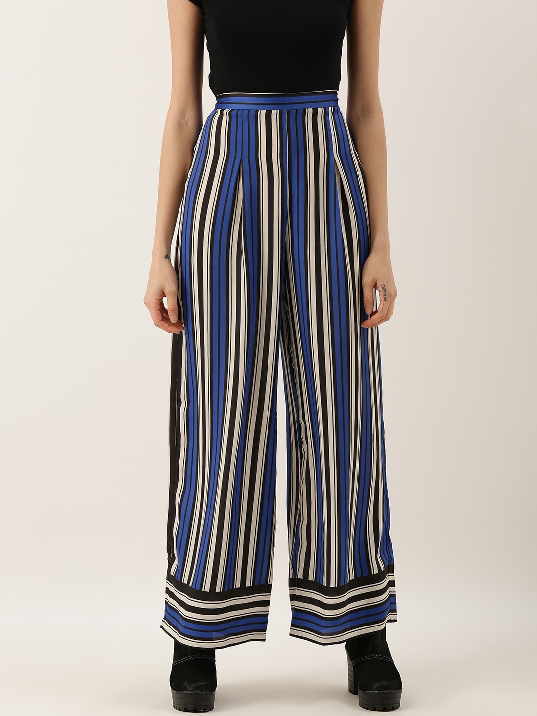 

FOREVER 21 Women Blue & Beige Regular Fit Striped Parallel Trousers