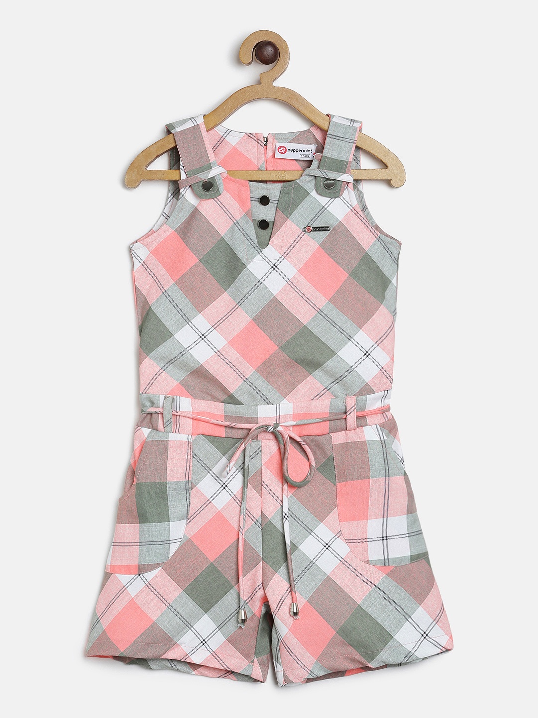 

Peppermint Girls Peach-Coloured & Green Checked Playsuit