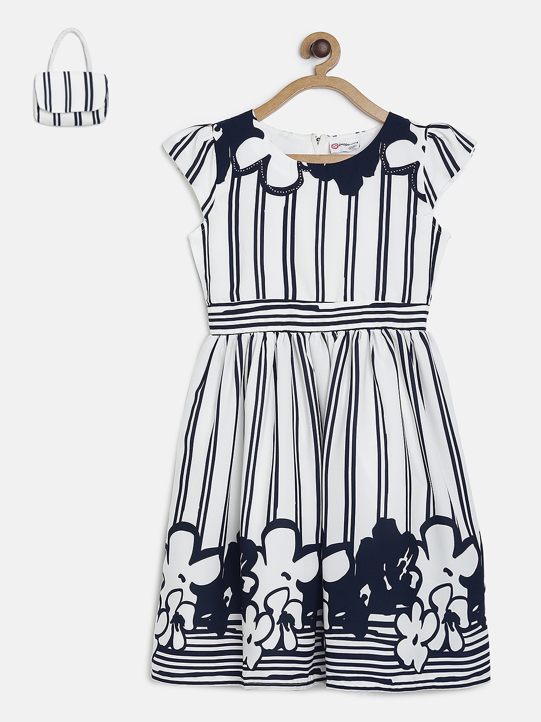 

Peppermint Girls White & Navy Blue Printed Fit and Flare Dress