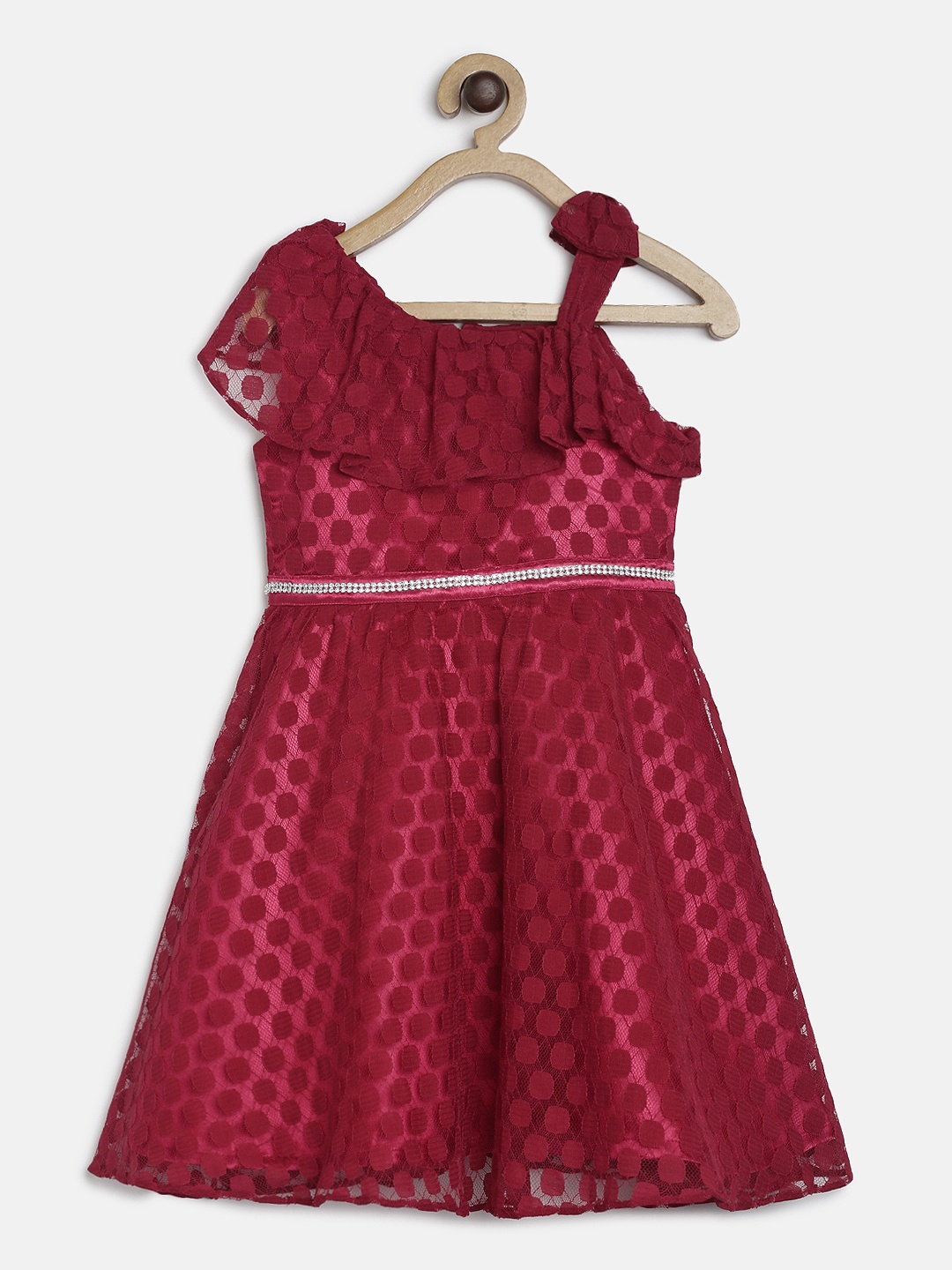

Peppermint Girls Maroon Self Design Fit and Flare Dress