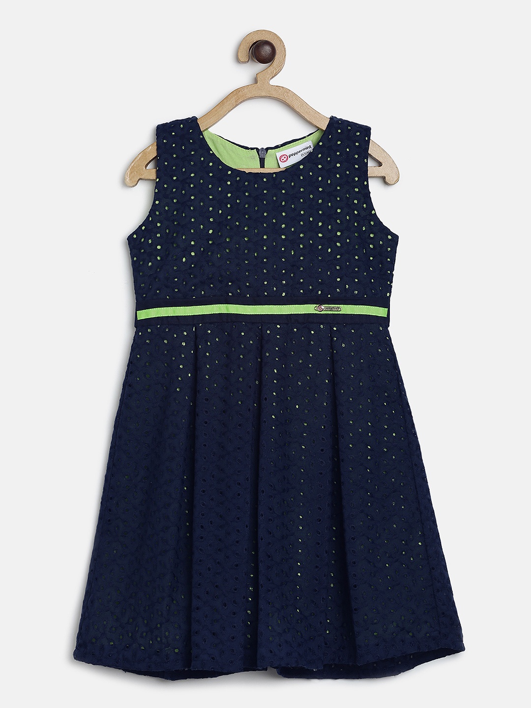 

Peppermint Girls Navy Blue Self Design Fit and Flare Dress