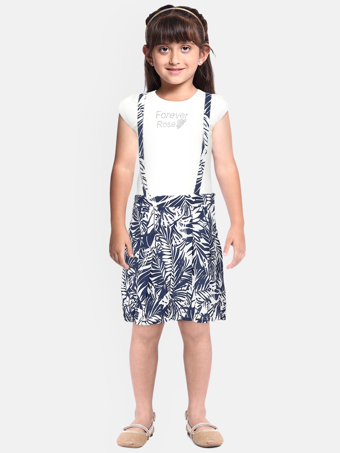 

Peppermint Girls Navy Blue & Off-White Printed T-shirt with Shorts