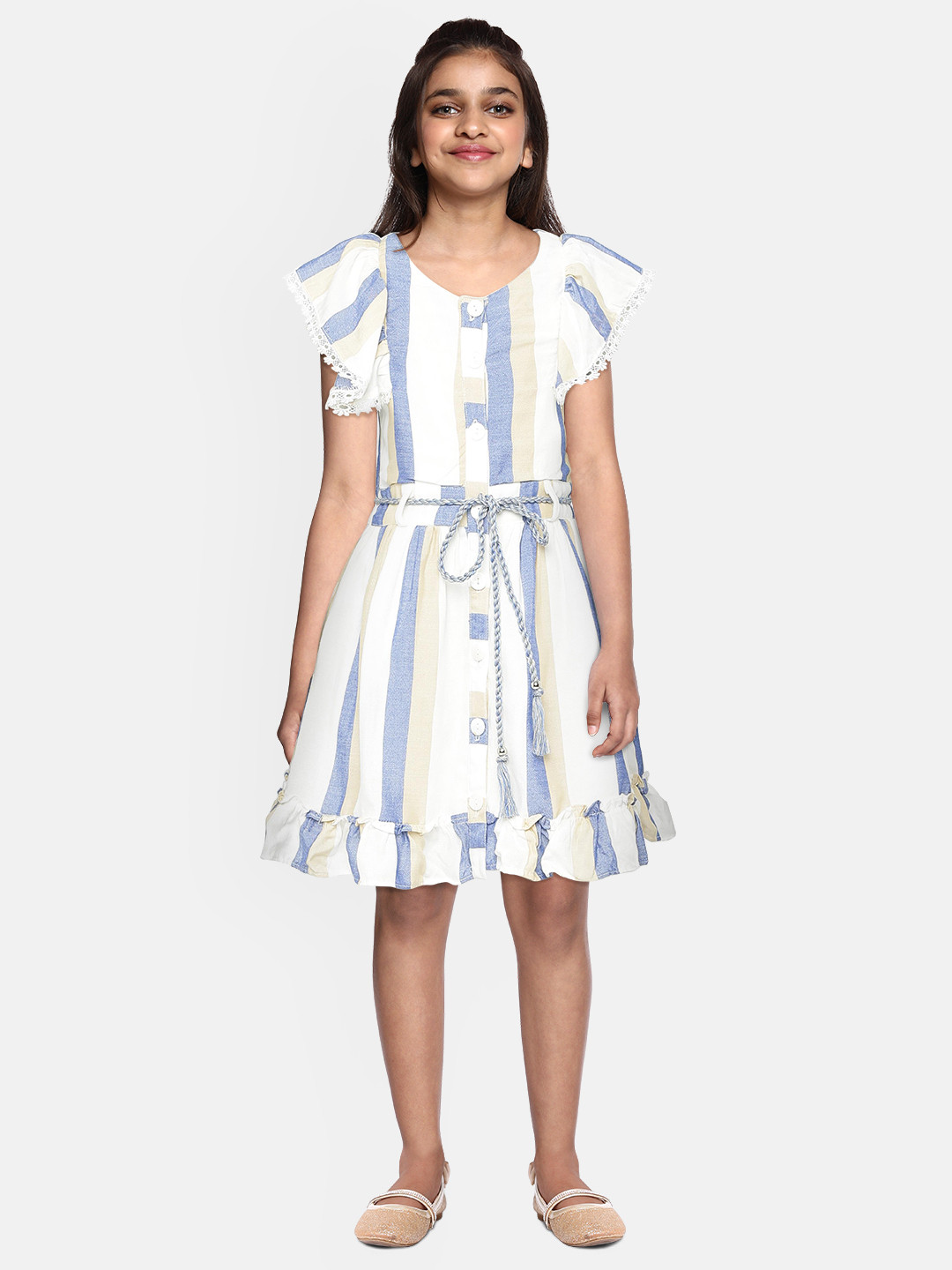 

Peppermint Girls Blue & White Striped Fit and Flare Dress