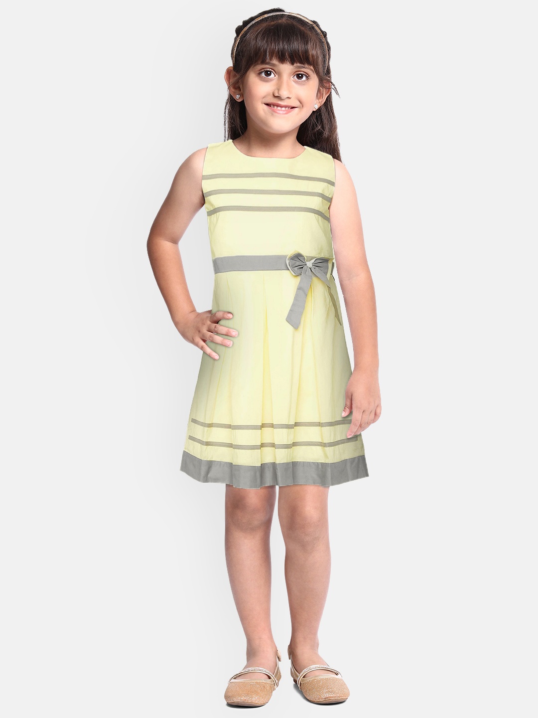 

Peppermint Girls Yellow & Grey Striped A-Line Dress