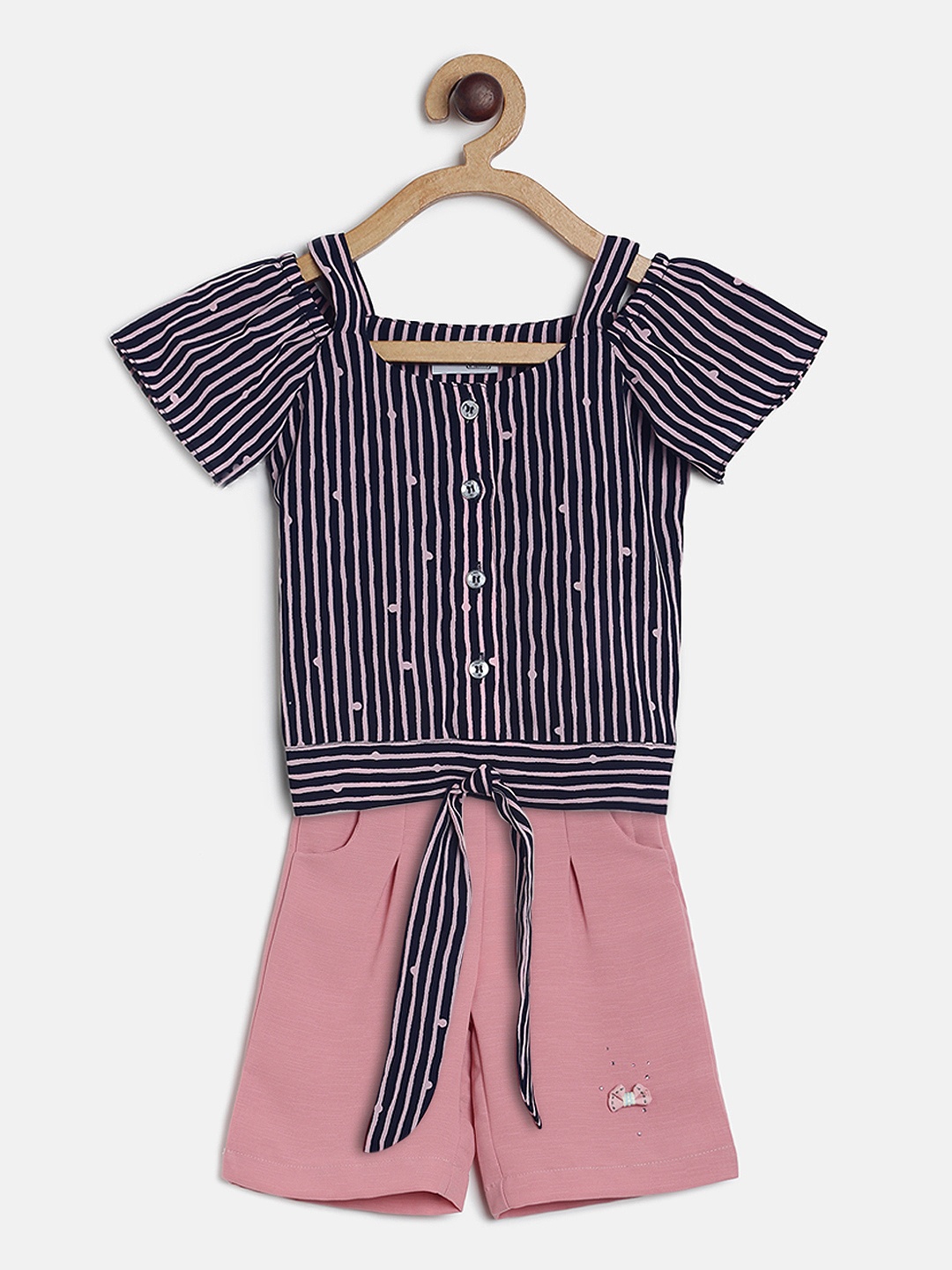 

Peppermint Girls Navy Blue & Peach-Coloured Striped Shirt with Shorts