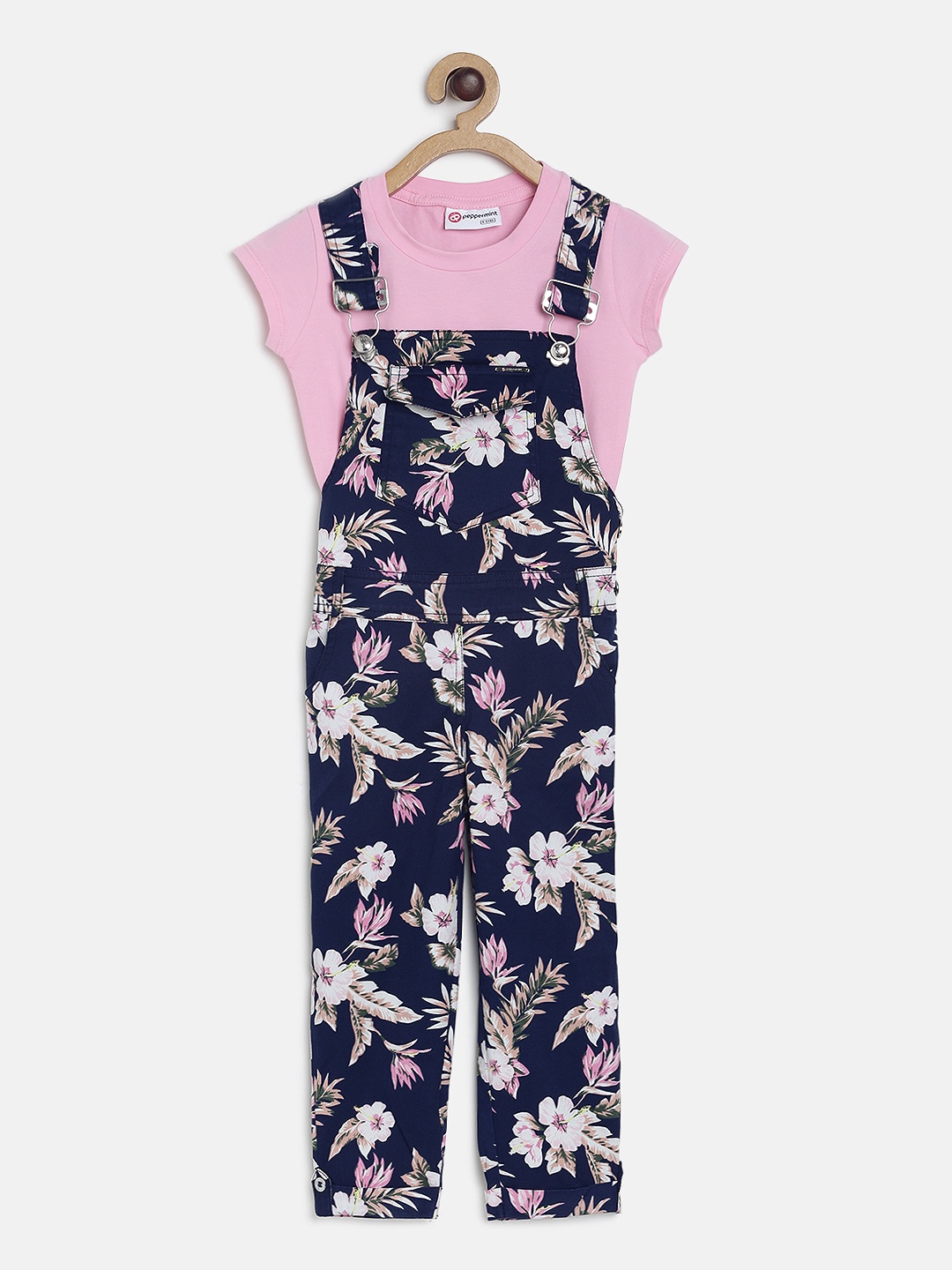 

Peppermint Girls Blue & Pink Printed Dungarees With Tshirt, Navy blue
