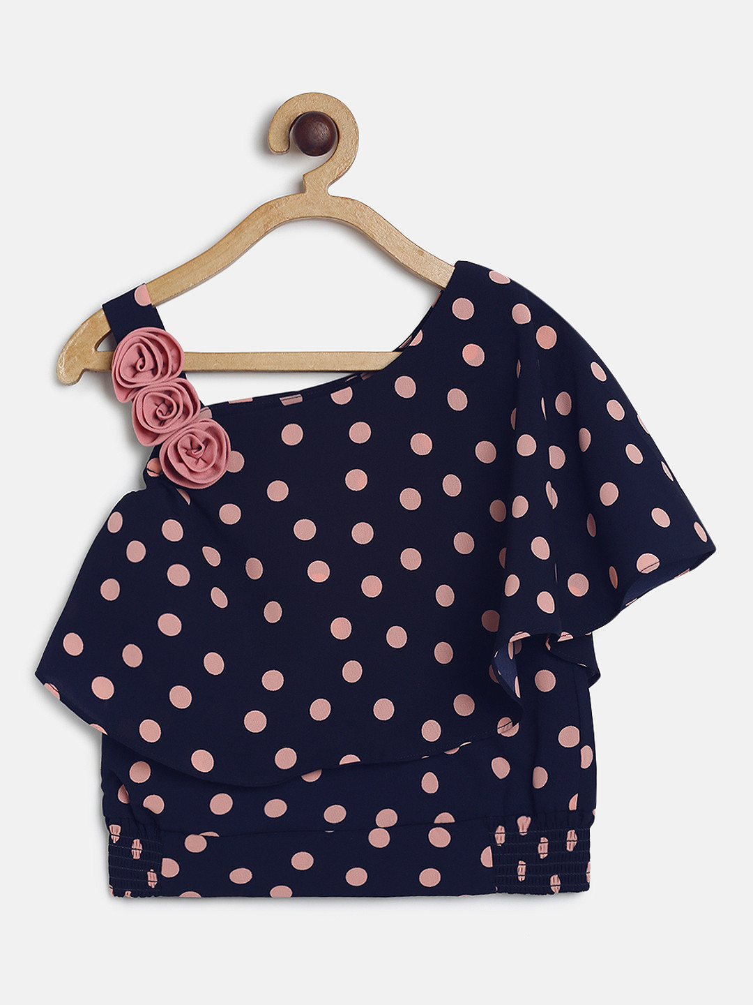 

Peppermint Girls Navy Blue & Peach Coloured Printed One Shoulder Top