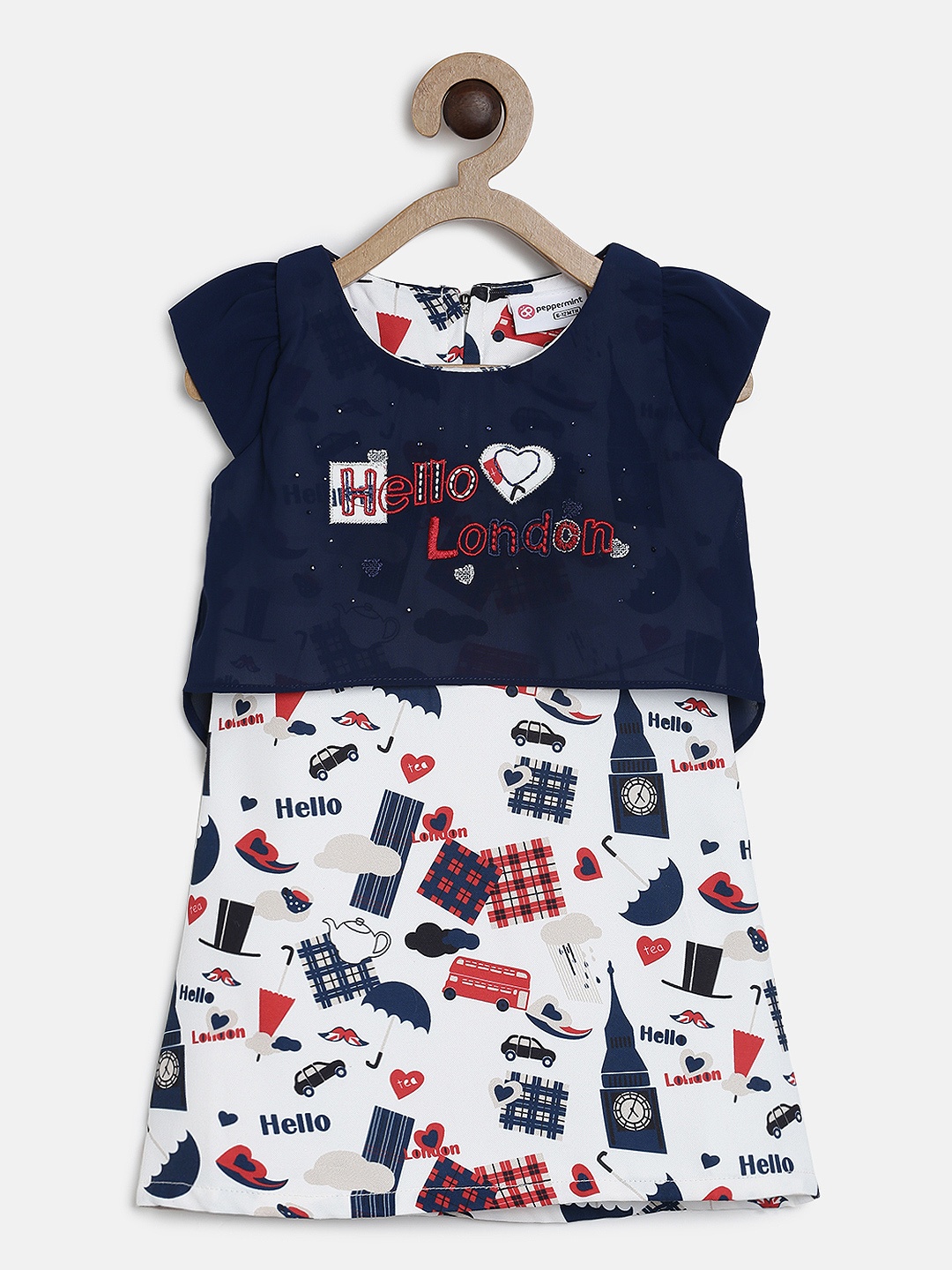 

Peppermint Girls Navy Blue & White Printed A-Line Dress