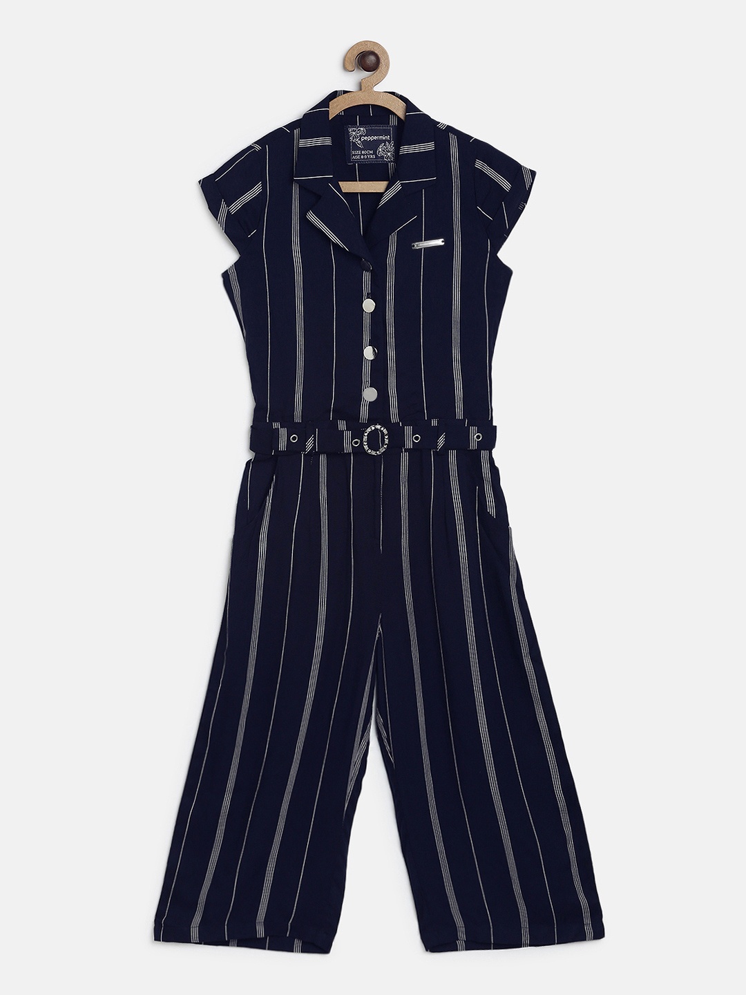 

Peppermint Girls Navy Blue & White Striped Basic Jumpsuit