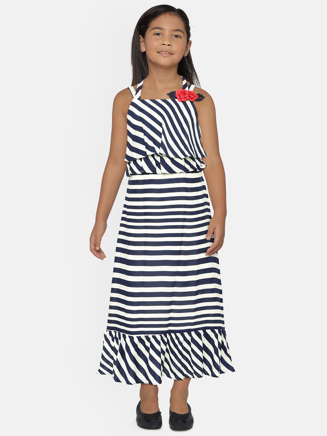 

Peppermint Girls Navy Blue & Beige Striped Fit and Flare Dress