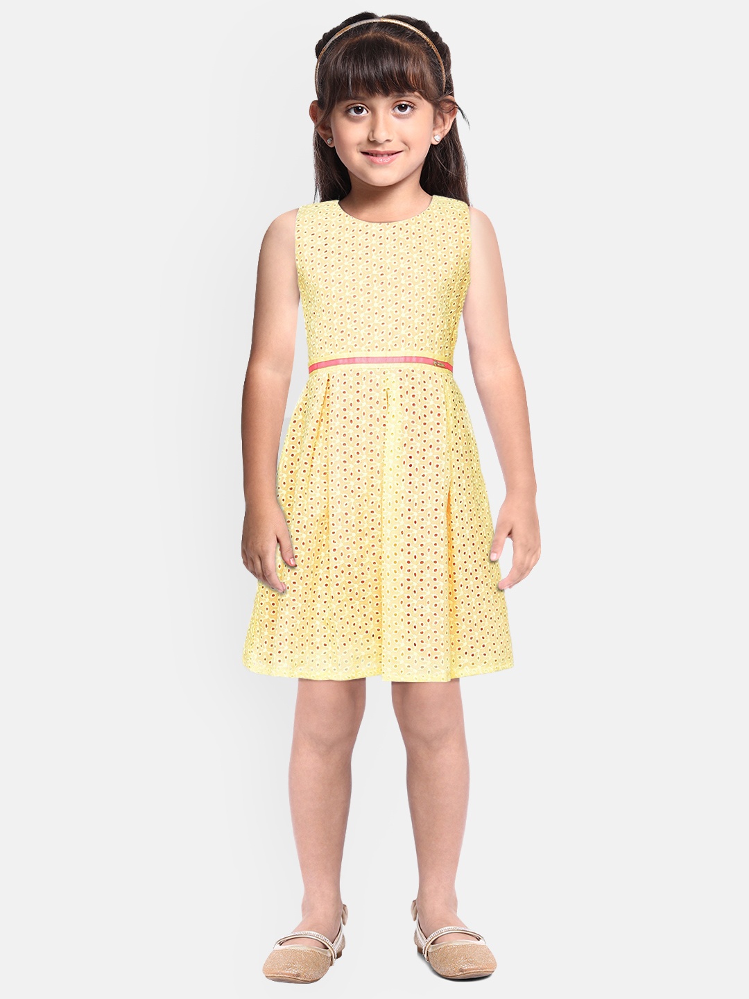 

Peppermint Girls Yellow Self Design A-Line Dress