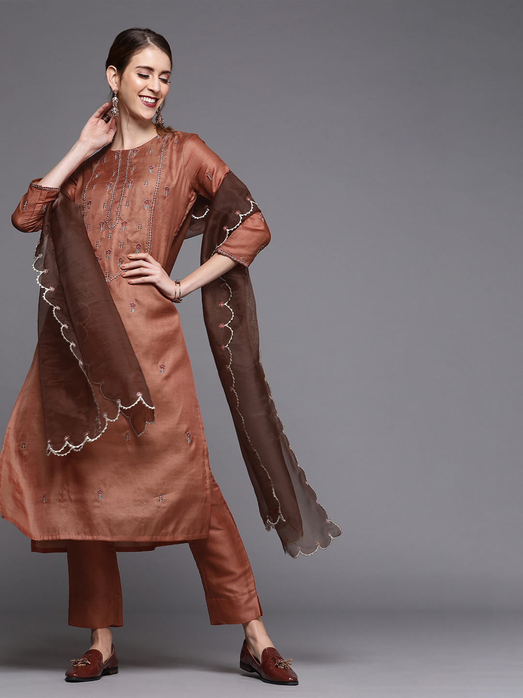 

Inddus Women Brown Embroidered Silk Blend Kurta with Trousers & Dupatta
