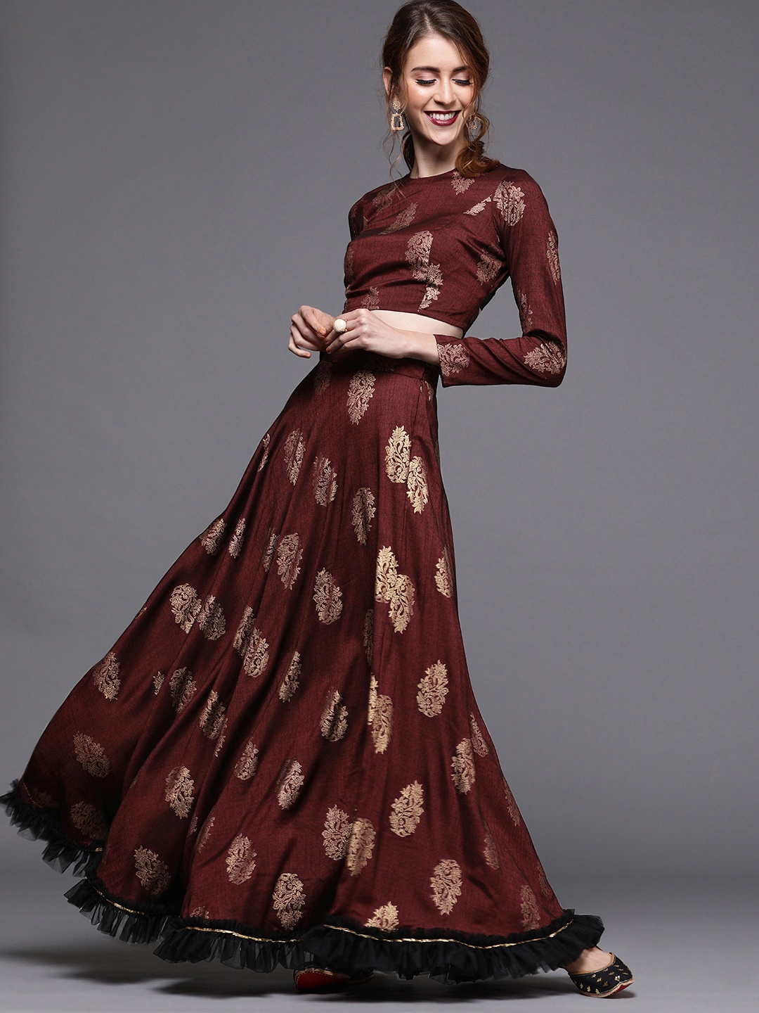 

Inddus Women Maroon & Gold Floral Print Top with Skirt