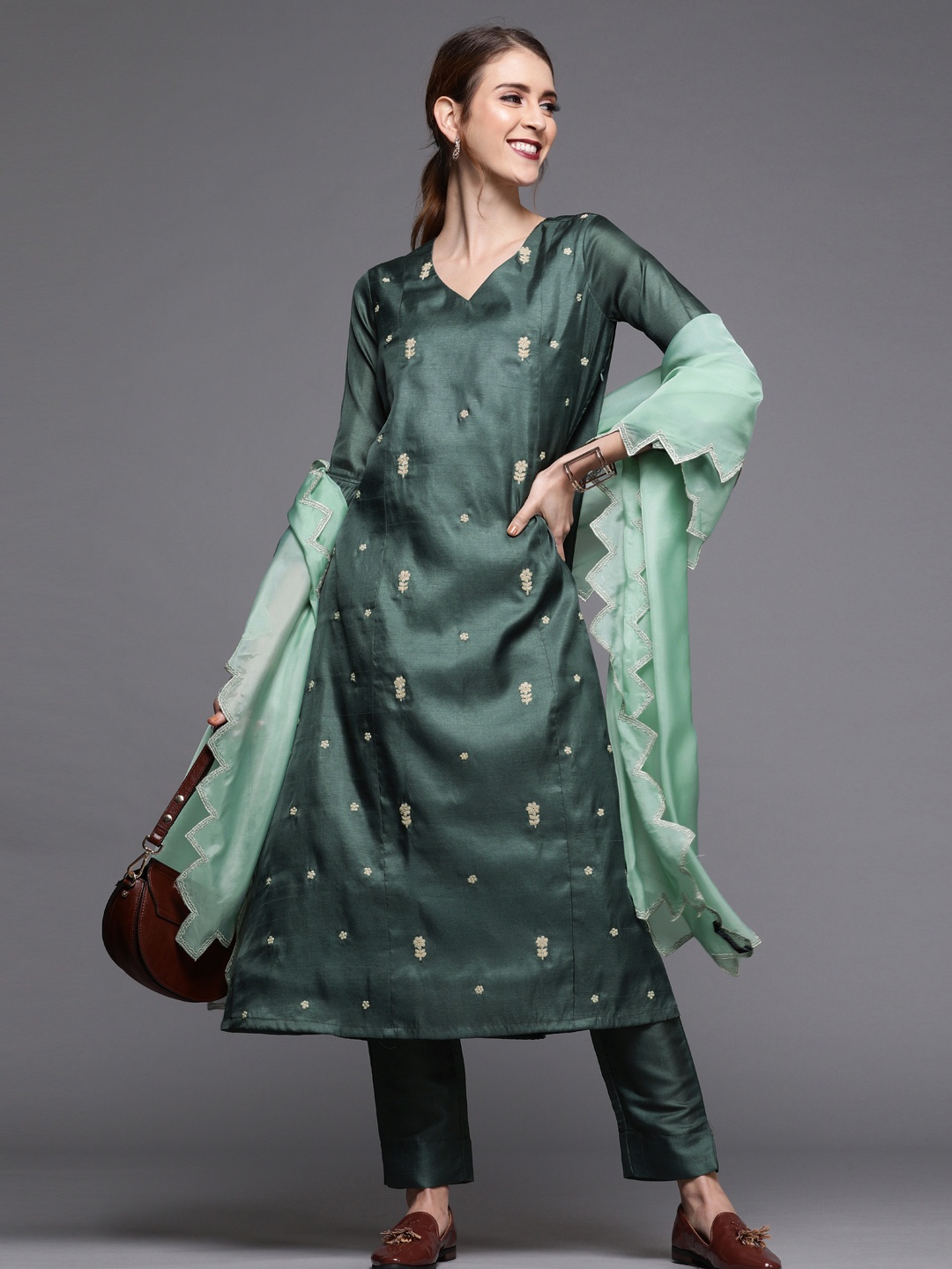 

Inddus Women Teal Green Embroidered Silk Blend Kurta with Trousers & Dupatta