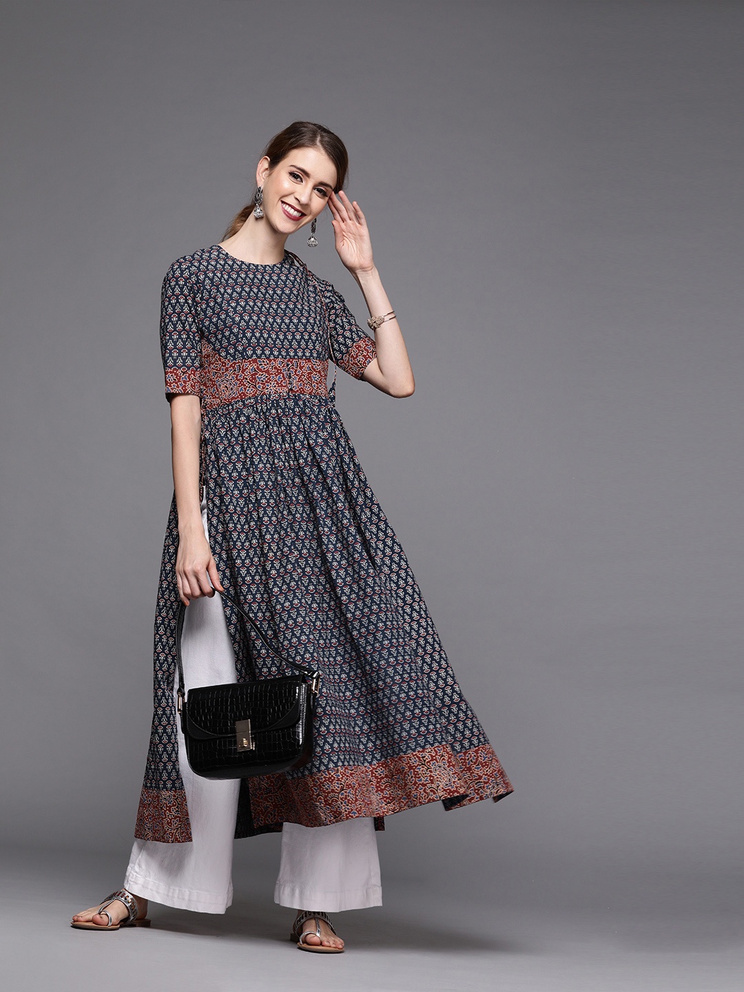 

Inddus Women Navy Blue & White Block Print A-Line Kurta