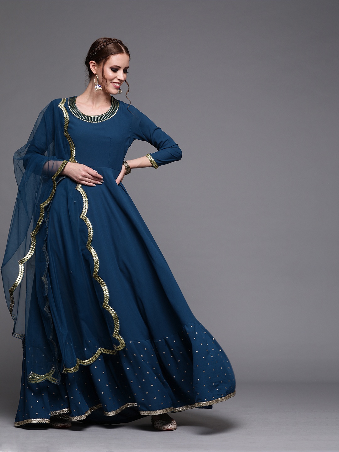 

Inddus Women Teal Blue Embroidered Georgette Anarkali Kurta with Dupatta