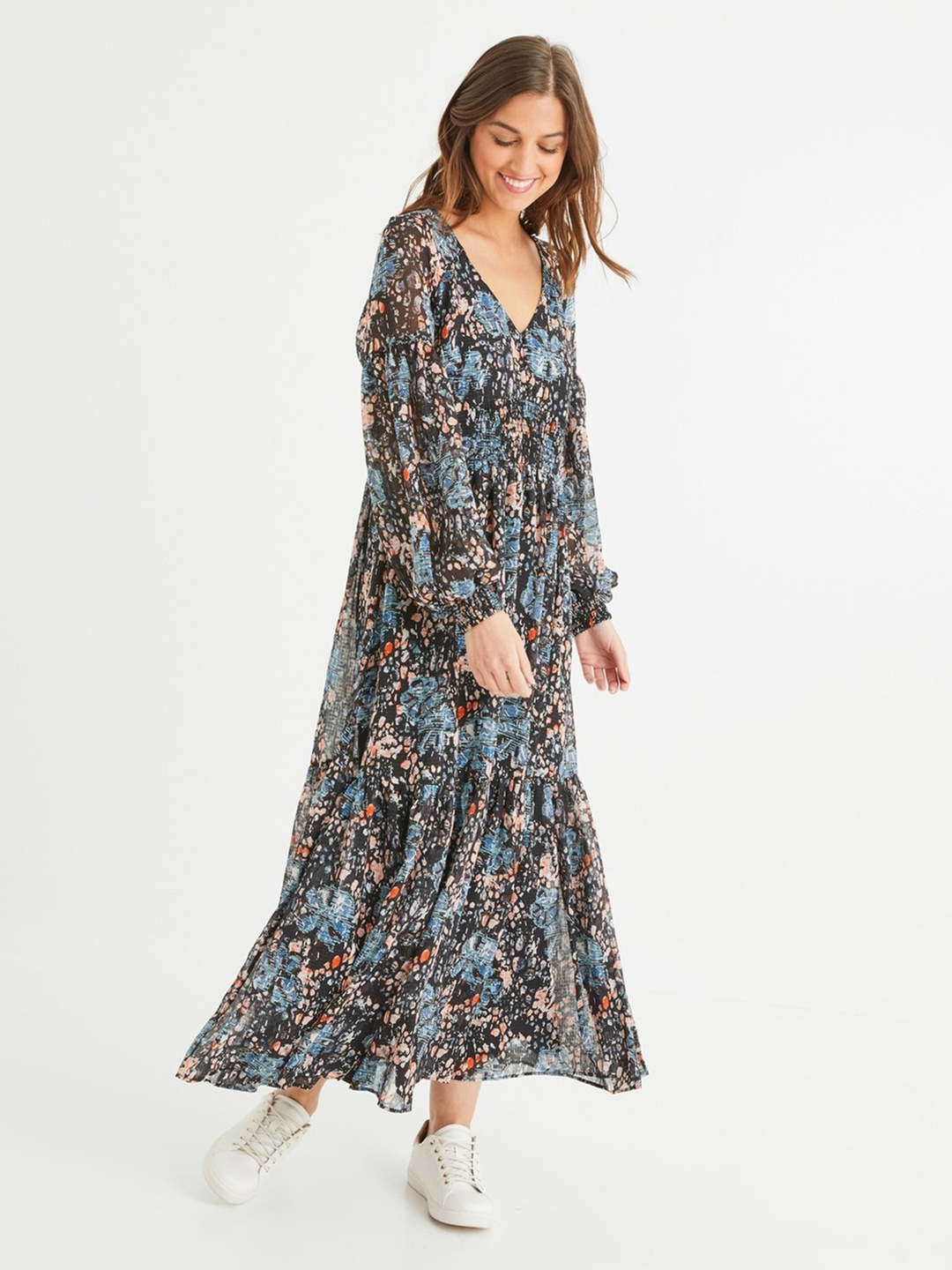 

promod Women Black & Blue Printed Tiered Maxi Dress