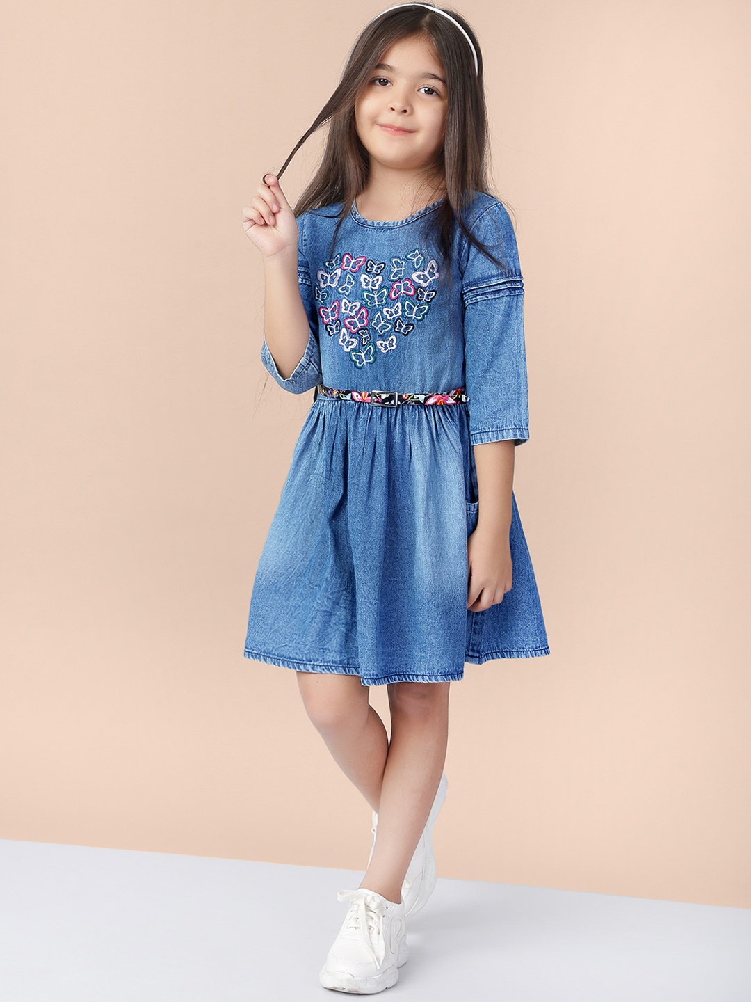 

Naughty Ninos Girls Blue Printed Denim Fit and Flare Dress
