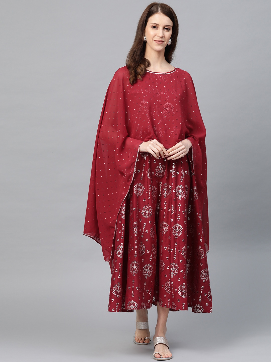 

AURELIA Printed Cape Maxi Cotton Dress, Maroon