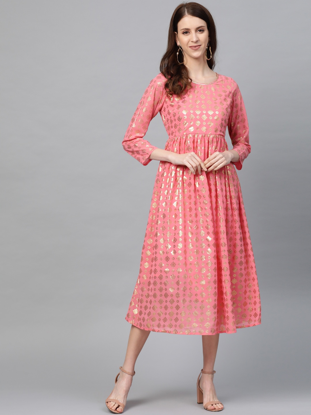 

AURELIA Women Pink & Golden Printed A-Line Dress