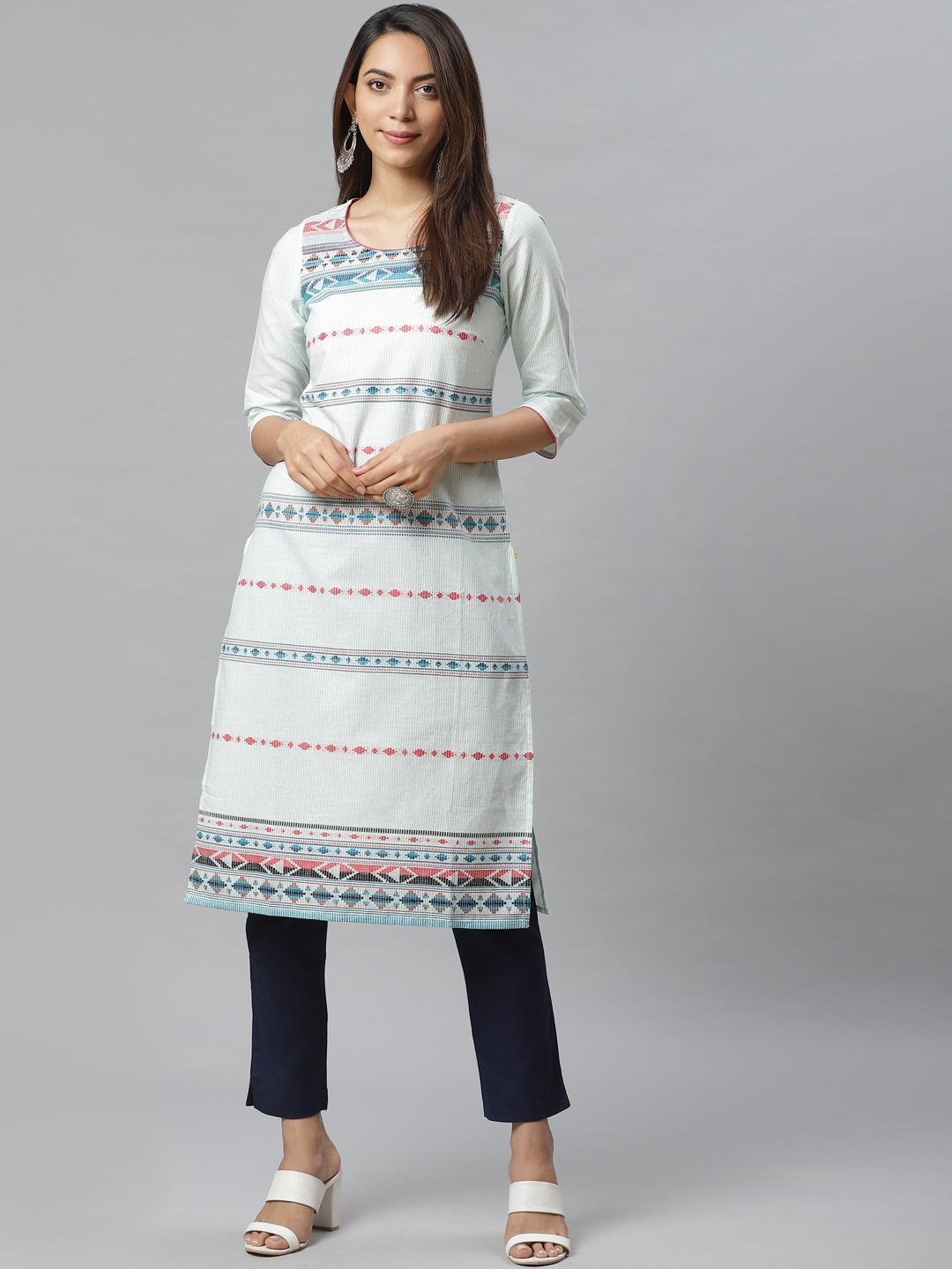 

AURELIA Women Off-White & Blue Woven Design Straight Kurta