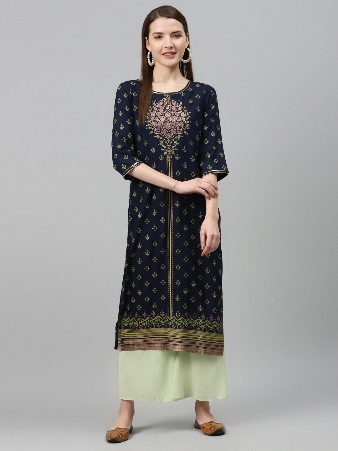 

AURELIA Women Navy Blue & Green Printed Straight Kurta