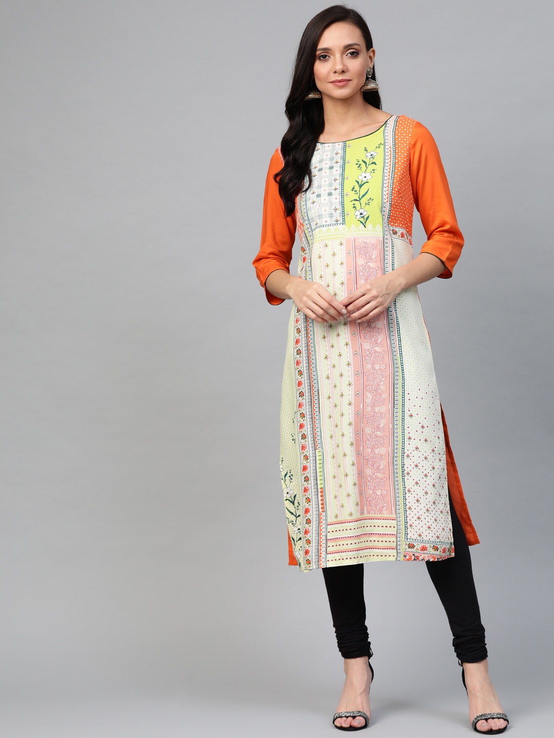

AURELIA Women Off-White & Orange Floral Detail Ethnic Printed Straight Kurta
